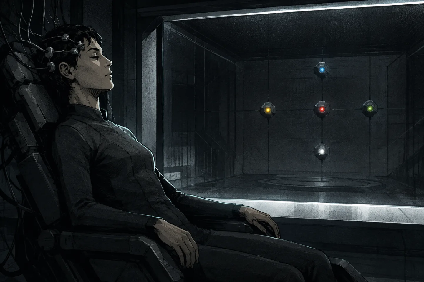A human lies in a neural-link chair facing five colored attention nodes behind glass.