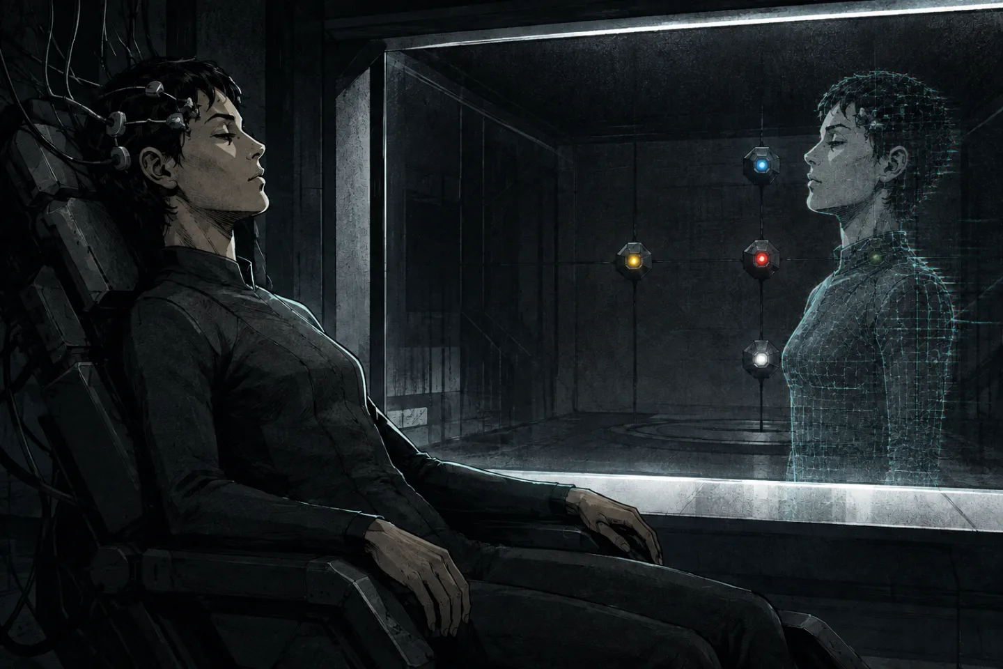 A synthetic copy with the same face appears across the glass from the linked human.