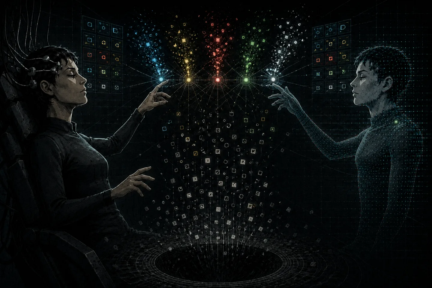 The human and synthetic twin compete for five memory nodes as discarded fragments fall into a dark buffer.