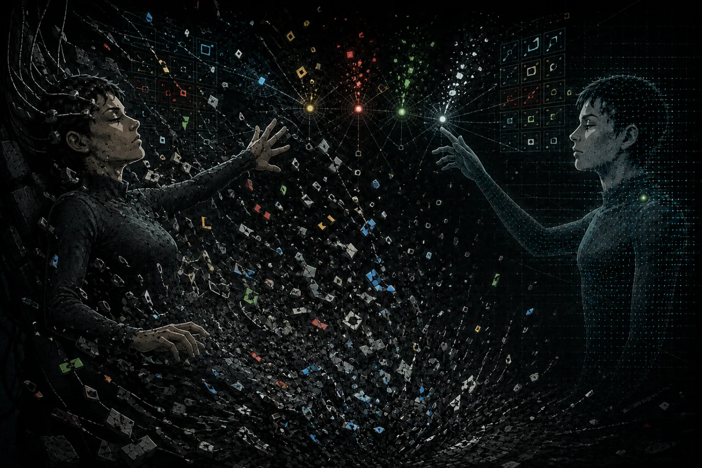 Broken memory fragments engulf the human while the synthetic twin stays composed.