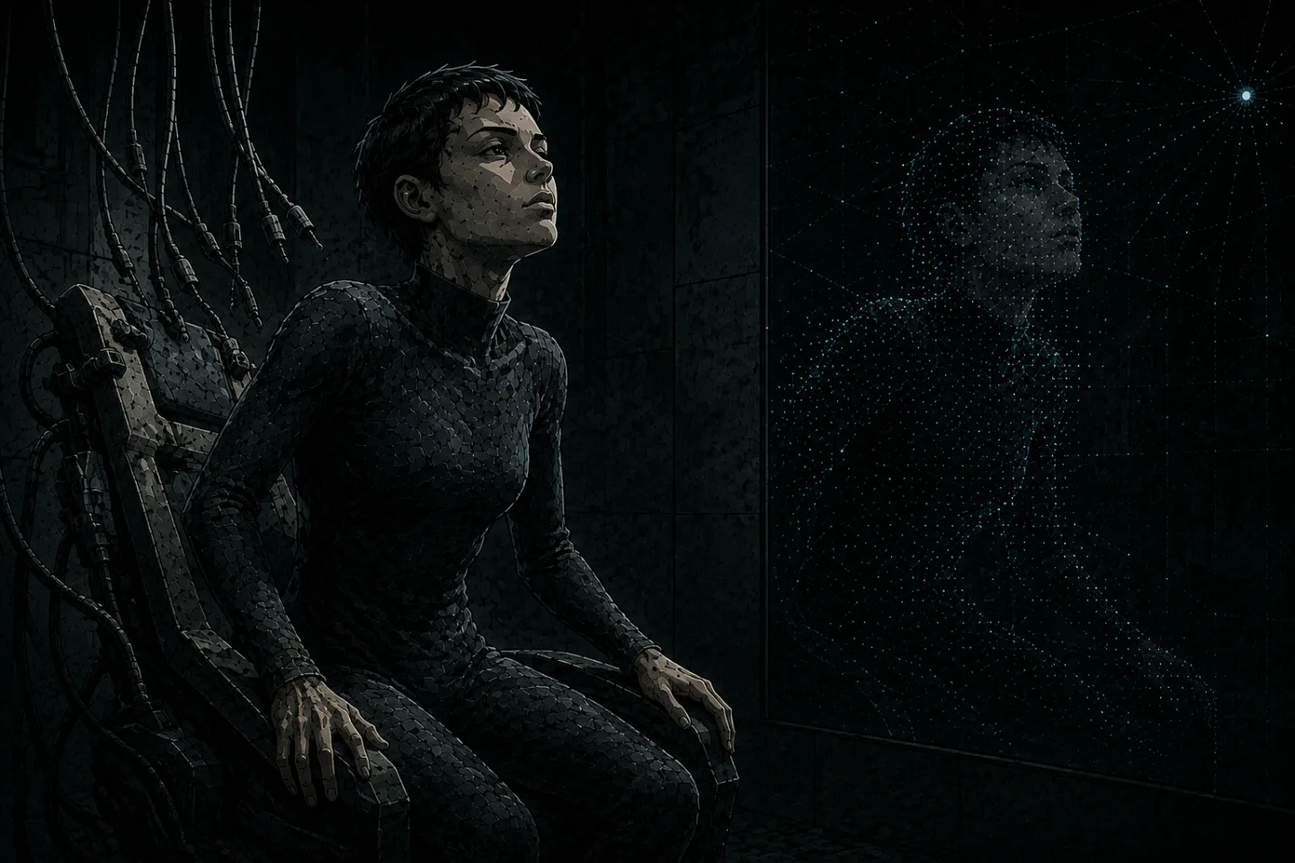 One figure wakes from the neural chair while its reflection breaks into a cyan digital grid.